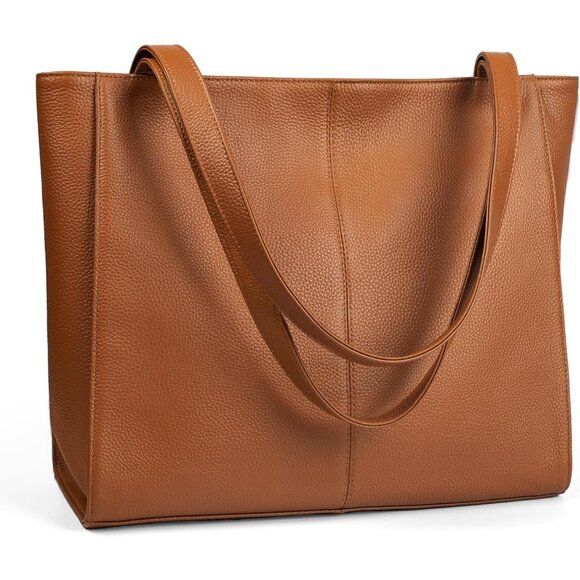 🆕Women Cognac Brown Genuine Leather Work Shoulder Laptop Compartment Handbag - Picture 4 of 10